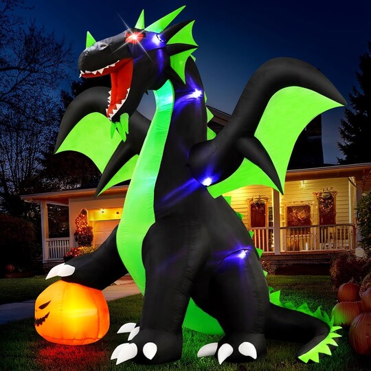 Loomini; Halloween Inflatable Dragon Outdoor Decorations : 9FT Large Blow up Yard Dragon with Pumpkin and LED Lights for Halloween Fun Holiday Party Garden Lawn Decoration; Category:Lighted Decor; Image:1